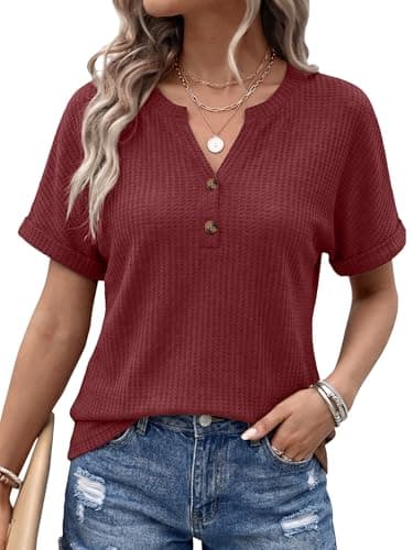 AUMORA Womens Short Sleeve Tops V Neck Casual Waffle Knit Tops Summer Henley Shirts 2026 Trendy Tee Shirts Fashion Clothes Dusty Rose - Image 1