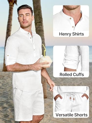 JEMLDL Men's 2 Piece Linen Cotton Long Sleeve Cuban Henley Shirt and Shorts Sets Summer Beach Vacation Outfits White S - Thumbnail 2