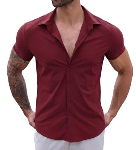 Askdeer Men's Muscle Fit Dress Shirts Stretch Wrinkle Free Short Sleeve Button Down Casual Slim Fit Shirts Wine Red - Image 1