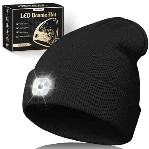 HEYAXA Unisex LED Beanie with Light, Rechargeable Headlamp Hat, Warm Knitted Cap,Dad Gifts for Husband, Dad, Birthday Gifts for Men, Dad, Father, Women, Him, Her, Black