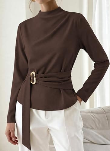 PRETTYGARDEN Women Blouses 2026 Fall Dressy Mock Neck Long Sleeve Work Shirts Buckle Belted Tunic Business Casual Tops(Brown,Small) - Thumbnail 3
