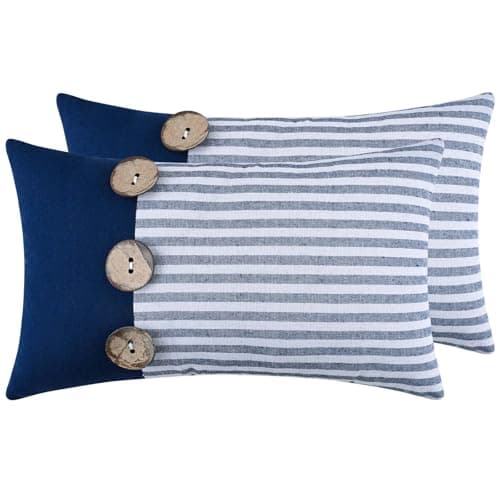ASPMIZ Linen Throw Pillow Covers 20x12 Set of 2, Boho Farmhouse Couch Pillow Cover with Rustic Buttons, Soft Decorative Cushion Covers for Sofa, Bedroom, Living Room, Home Decor, Blue - Image 1