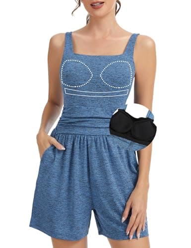 SLIMBELLE Built In Bra Athletic Rompers For Women Summer Square Neck Adjustable Strap Pleated Waist Pockets Short Jumpsuit One Piece Outfits BLUE 2XL - Image 1