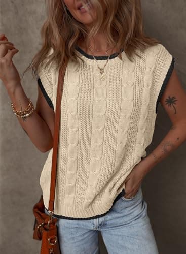 Dokotoo Tank Tops for Women 2024 Round Neck Cap Sleeve Color Block Cable Knit Sweater Vest Women Summer Tops Womens Fashion Apricot Medium - Thumbnail 2