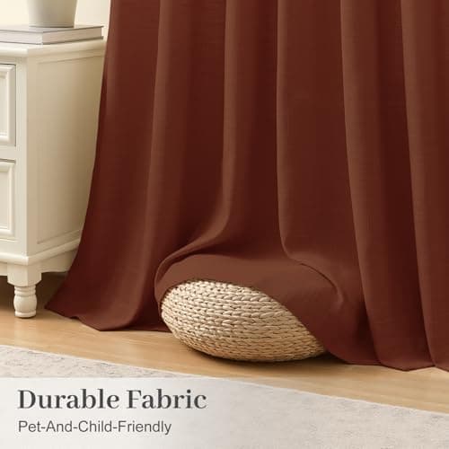 Pinch Pleated Linen Curtains 84 Inch Length 2 Panels Set, Light Filtering Linen Textured Sheer Drapes Memory Trained Pleated Curtain Back Tab for Bedroom Farmhouse with Hooks Rings, Chestnut Brown - Thumbnail 5