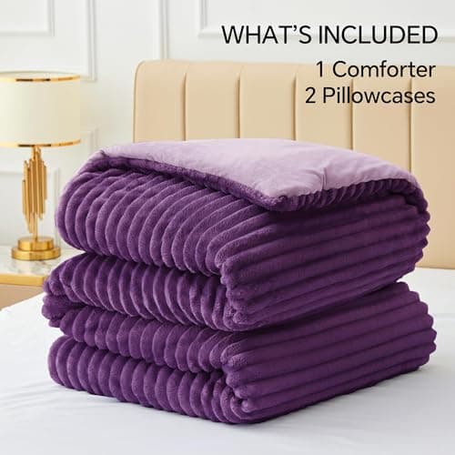BEDELITE Fleece Full Comforter Set -Super Soft & Warm Fluffy Purple Bedding, Luxury Fuzzy Heavy Bed Set for Winter with 2 Pillow Cases - Thumbnail 6