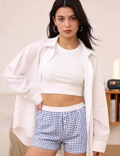 Frcdaunrs Sleep Shorts for Women Gingham Shorts Summer Casual Button Front Boxers Y2k Plaid Pajama Bottoms Blue Plaid L - Thumbnail 6