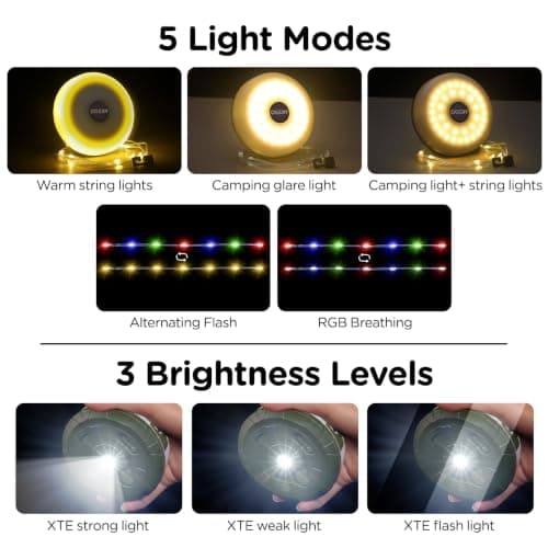 OGERY Camping String Lights, 4 in 1 Quick Storage 32.8FT Rechargeable Tent Lights String with 8 Lighting Modes, Hanging Waterproof Portable LED Lamp for Outdoor Patio Awning Garden Camping Essentials - Thumbnail 3