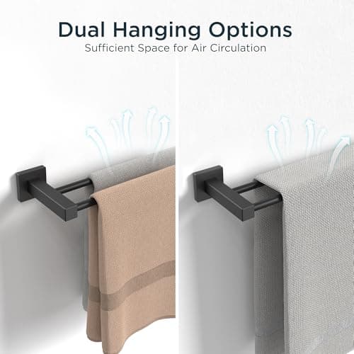 FORIOUS Black Double Towel Bar 24 Inch, Double Towel Racks for Bathroom Wall, Heavy Duty SUS304 Stainless Steel Square Dual Towel Bar Wall Mount, Matte Black - Thumbnail 3