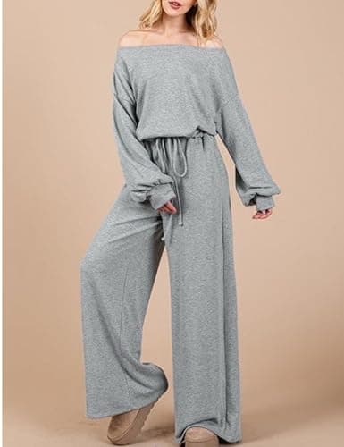 GAMISS Casual Rompers for Women Long Sleeve Lounge Jumpsuits Boat Neck Loose Fit Overalls Airport Travel Outfit Grey S - Thumbnail 6