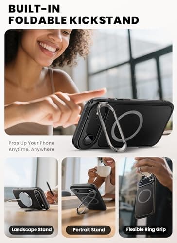 i-Blason All-in-One for iPhone 17 Air Case MagSafe with Stand, 360° Full-Body with Built-in 9H Glass Screen Protector, Camera Control, Ring Kickstand, Military-Grade Heavy Duty Protection, Black - Thumbnail 6