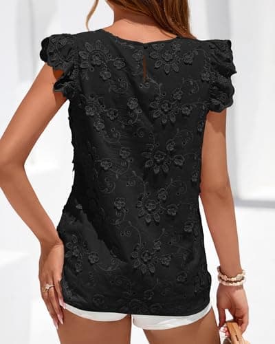 KIRUNDO Blouses for Women Dressy Casual Lace Ruffle Cap Sleeve Tops 2026 Summer Eyelet Floral Embroidered Cute Boho Shirts(Black, Medium) - Thumbnail 3