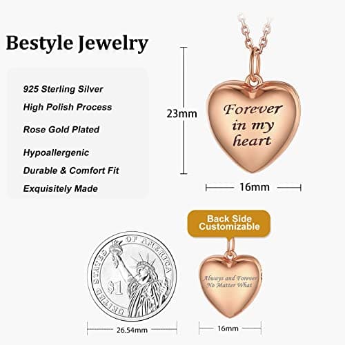 Bestyle "Forever in My Heart Locket Necklace Small Silver Rose Gold Heart Locket Pendant for, Love Statement Locket Necklace Chain for Mom Mother Wife Daughter, 18"+2" Chain - Thumbnail 6