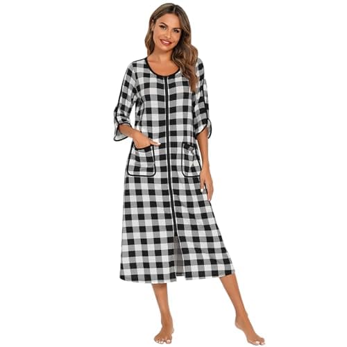 RONGTAI Robe for Women Zipper front Robes 3/4 Sleeve Womens Housecoat with Pockets Full Length Nightgown Black Plaid Loungewear S - Image 1