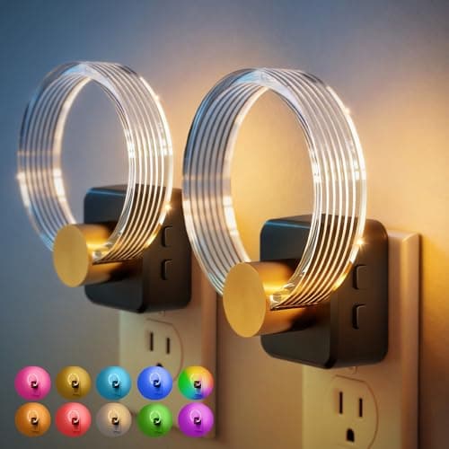 JandCase Night Light, 2 Pack Color Changing Night Lights Plug into Wall, RGB Nightlight with Light Sensor, 180° Rotatable Plug in Nightlights, Dimmable Ring Acrylic Night Light for Kids Gifts Hallway - Image 1