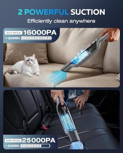 Zefiro Compact Powerful Cordless Handheld Vacuum, Rechargeable Portable Car Vacuum for Car & Pet Hair, 25000PA High Power Suction, XL Dust Cup, 2 Brushes & Filters, Long Runtime with Charger - Thumbnail 3