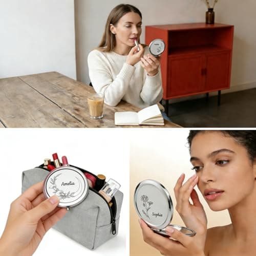 CHENGXINXINXI Mother's Day - Personalized Engraved Mini Pocket Makeup Mirror with Birth Flower and Name. It is an Ideal for Mothers, Sisters or Grandmothers. - Thumbnail 3