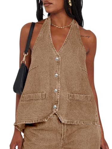 Tankaneo Womens Halter Denim Vest Tops Summer Sleeveless Open Back Y2K Going Out Jean Tank Tops V Neck Button Up Waistcoat - Image 1