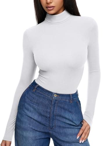 REORIA Womens Winter Turtleneck Long Sleeve Tight Shirts Going Out Basic Slim Fit Thong Body Suit Tops Fall Clothes Brilliant White XX-Large - Thumbnail 2