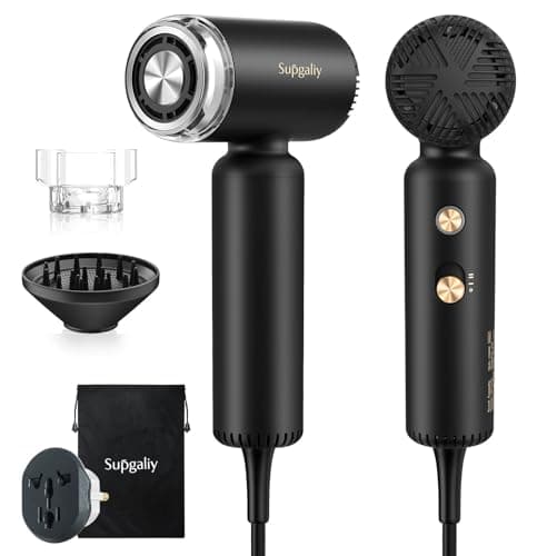 SUPGALIY Dual Voltage Travel Hair Dryer, Mini High-Speed Blow Dryer for Fast Drying, Ionic Hairdryer with Diffuser Gift Women, Lightweight Compact Portable,Quiet,European International 100-240V,Black