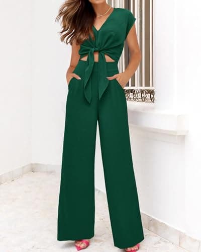 PRETTYGARDEN Women's Summer 2 Piece Outfits 2026 Cap Sleeve V Neck Belted Crop Tops Wide Leg Pant Sets Casual Tracksuit(Solid Dark Green,XX-Large) - Thumbnail 6