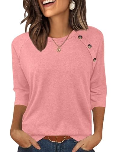 Bakoliza Summer Tops for Women 3/4 Length Sleeve Blouses Dressy Casual Shirts Crew Neck Tshirts Business Casual Outfits Coral Pink - Image 1