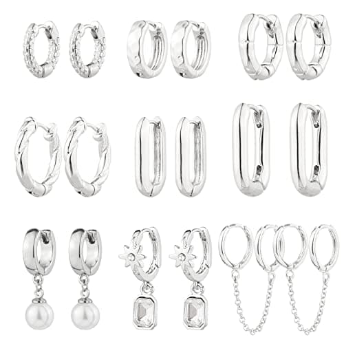 9 Pairs Gold Chunky Hoop Earrings Set for Women, 14K Gold Plated Twisted Huggie Hoop Earring Hypoallergenic, Lightweight Thick Open Hoops Earrings Jewelry Gifts. (B-9 Silver Hoop Earrings) - Image 1