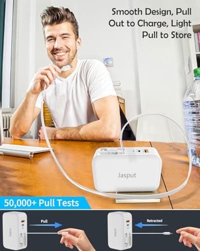 Jasput USB Wall Charger Block, Built-in Dual Retractable Cables 40W USB C Block Wall Plug with USB A/USB C Ports, Travel and PD Fast Charging for iPhone 17/16/15/14/13/12, Pad, Tablet and More - Thumbnail 3