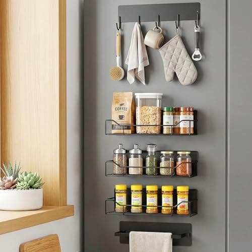 Magnetic Spice Rack for Refrigerator, 5 Pack Magnetic Fridge Organizer Shelves, Strong Magnetic Hold, No Drilling, Space Saving Storage Rack for Kitchen Spice Jars, Pantry & Refrigerator (Black) - Image 1