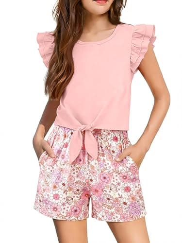 AMAWMW Kids Girls 2 Piece Outfits Summer Clothes Short Sleeve Tie Knot Ruffle Shirts Tops Floral Shorts Sets Pink 5-6Y - Image 1