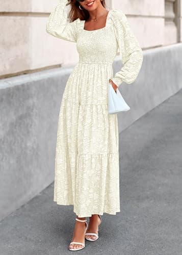 KIRUNDO Wedding Guest Dresses for Women 2026 Spring Summer Long Sleeve Smocked Floral Flowy Baby Shower Maxi Dress Pockets (Cream, Medium) - Thumbnail 6