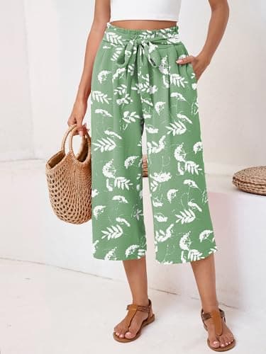 Moodclo Women's Capri Pants White Flower Green Small Casual Palazzo Trousers with Pockets Loose High Waisted Wide Leg Lounge Pants - Thumbnail 3