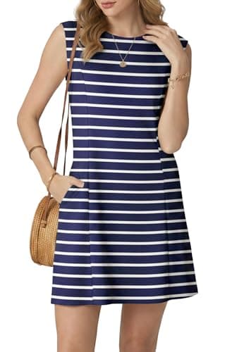 HiMONE Womens Casual Sleeveless Mini Dress A Line Lightweight Daily Summer Dress(Navy White Stripe-L)