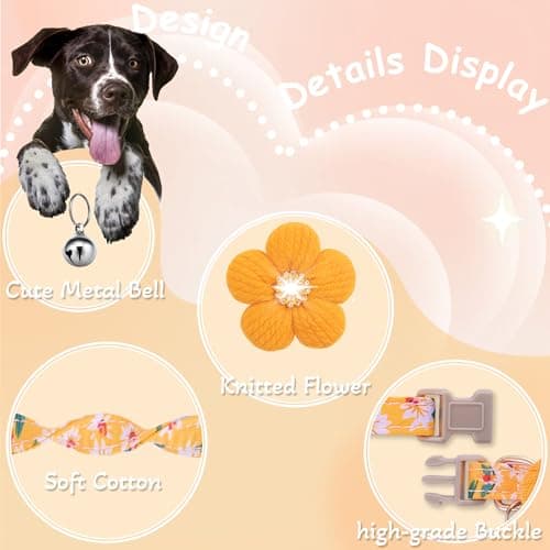 Small Dog Collar with Flower, Spring Dog Collar for Girl Dog Collars for Small Dogs Cute Dog Collar with Bell, Adjustable Length - Thumbnail 2
