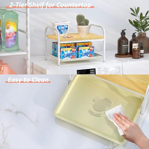 2-in-1 Laundry Detergent Holder & Organizer with Drip Tray, 2-Tier Metal Shelf for Countertop - Soap Dispenser & Storage Stand for Laundry Room, Kitchen, Bathroom, White - Thumbnail 5
