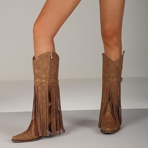 Grakihily Fringe Cowgirl Boots for Women Retro Square Toe Side Zipper Block Chunky Heel Tassel Country Concert Outfits Mid Calf Western Cowboy Boots,Light-Brown Size 6 - Thumbnail 2