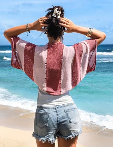 BB&KK Womens Lightweight Summer Short Sleeve Cardigan Striped Open Front Knitted Crochet Boho Bolero Shrugs 2026 Trendy - Thumbnail 3