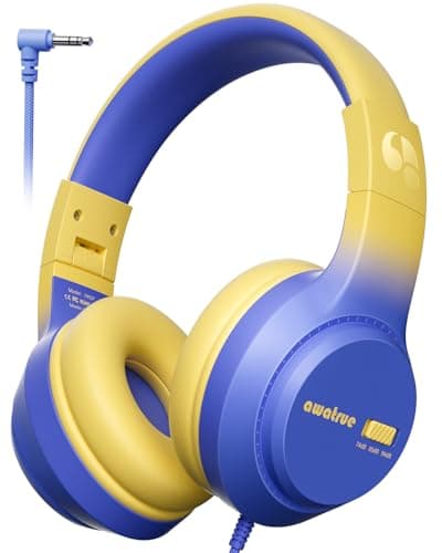 awatrue Kids Headphones, 74/85/94dB Volume Limiter, Foldable Wired Over Ear Headphones for Travel, 3.5mm Jack, Toddler Headphones for School, Chromebook, iPad, Tablet, Blue Yellow - Image 1