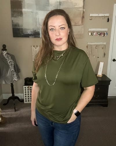 Stelle T Shirts for Women Crew Neck Short Sleeve Summer Tops Loose Fit Soft Basic Tee Shirt Olive Green Medium - Thumbnail 3