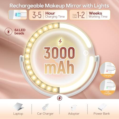 B Beauty Planet Vanity Mirror with Lights, 30X Magnifying Makeup Mirror with 3 Lighting and Adjustable Brightness, Rechargeable 2-Sided Height Adjustable Desk Mirror for Bathroom, Women Gifts for Mom - Thumbnail 5