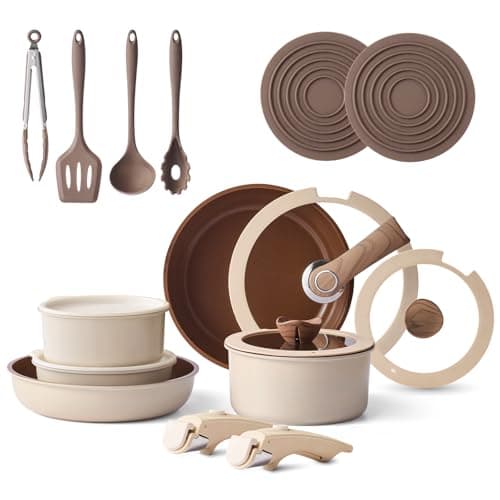 Filbee 17-Piece Pots and Pans Set with Detachable Handle, Ceramic Nonstick Cookware Set, Thickened Base Brown Cookware Set, Stackable RV Pots and Pans Set for Camper(PFOS, PFOA Free) - Image 1