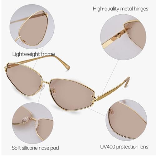 Trendy Y2K Geometric Cat Eye Sunglasses for Women, Metal Frame, UV400 Lens - Thumbnail 3
