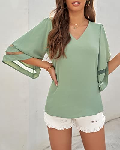 LookbookStore Women's V Neck Floral Print Mesh Panel Blouse 3/4 Bell Sleeve Loose Summer Top Shirt Cameo Green Size XXX-Large Size 24 Size 26 - Thumbnail 6