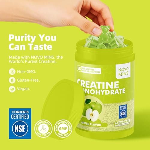 novomins Creatine Monohydrate Gummies 5000mg for Men & Women, Chewables Creatine Monohydrate for Muscle Strength, Muscle Builder, Energy Boost, Pre-Workout Supplement(90 Count)-Apple Flavor. - Thumbnail 4