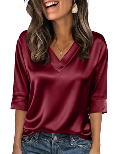 Bakoliza Tops for Women Trendy 3/4 Sleeve Shirts Silk Satin Blouses Dressy Casual Ladies V Neck Shirts Wine Red - Image 1
