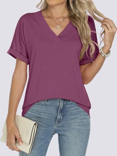ANRABESS Womens T Shirts Short Sleeve V Neck Shirts Summer Loose Fit Dressy Tops Business Casual Blouses 2026 Basic Tees Wine Red X-Large - Thumbnail 6