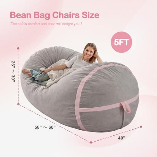 HABUTWAY 5ft Bean Bag Chair Giant Bean Bag Chairs for Adults with Memory Foam Filled, Large Beanbag Chair with Removable Dutch Velvet Cover for Living Room, Bedroom, Dorm, Light Grey & Pink - Thumbnail 2