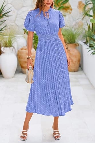 PRETTYGARDEN Summer Dresses for Women Midi Puff Short Sleeve V Neck Swiss Dot Pleated A Line Long Casual Wedding Guest Dress (Light Blue,XX-Large) - Thumbnail 3