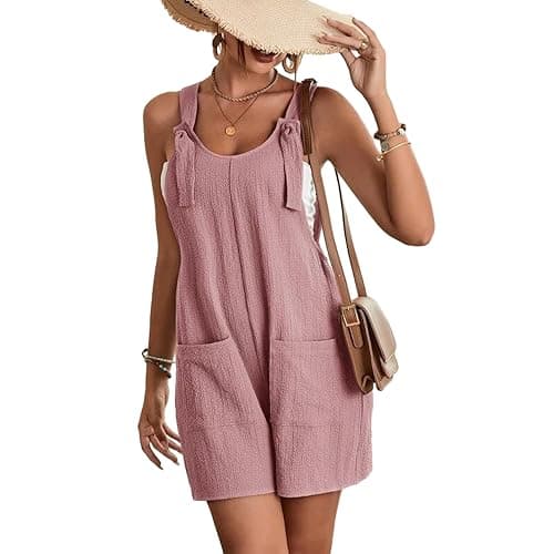 EGUGYDW Summer Rompers for Women Tie Knot Front Sleeveless Wide Leg Short Jumpsuits Pink XL - Image 1