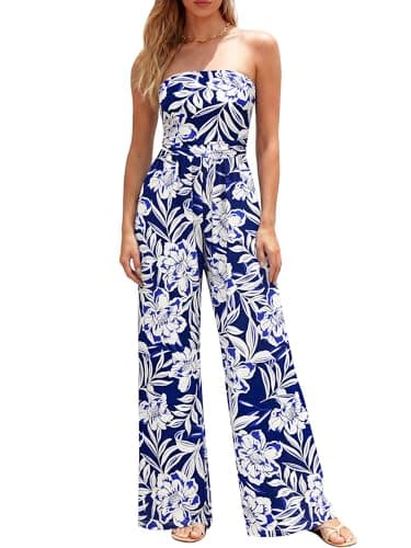 BTFBM Jumpsuits For Women Casual 2026 Floral Strapless Jumpsuit Wide Leg Rompers Beach Vacation Clothes Summer Outfits(Floral Dark Blue White, Medium) - Image 1